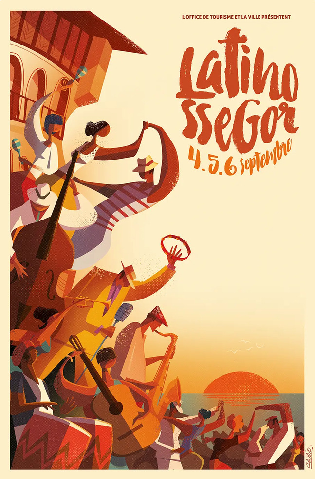 Affiche officielle Latinossegor 2026 Hossegor : festival culture latine 4-6 septembre, concerts DJ sets électro reggae dub pop indie, scène majestueuse bord de mer Place des Landais, ambiance fiesta latino vacances Landes.