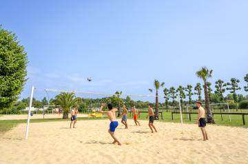 Des personnes jouant au beach-volley sur un terrain sablonneux avec un filet tendu entre deux poteaux. Plusieurs joueurs en tenues de sport légères participent activement au match, certains sautant pour smasher la balle tandis que d'autres se préparent à la réception. Le terrain est délimité par des lignes blanches sur le sable fin, avec un ciel bleu en arrière-plan et une ambiance ensoleillée typique d’une journée estivale parfaite pour ce sport de plage convivial et dynamique. Jeu favorisant coopération.