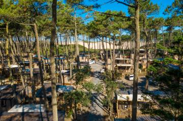 Photo aérienne prise par drone d’un espace de camping arboré sous une vaste pinède, emplacements ombragés par des pins majestueux, sentiers naturels bien tracés, tentes et mobil-homes répartis au cœur de la verdure, vue dégagée sur la dune en arrière-plan, atmosphère paisible et familiale propice à la détente en pleine nature.