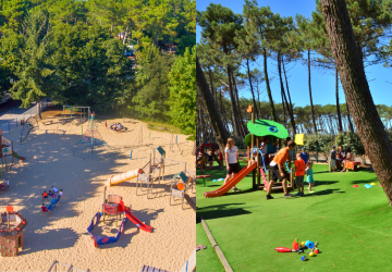 Aires de jeux du camping le vieux port avec à gauche la kids nombreuses installations et bac à sable et à droite la baby avec revêtement spécial pour les pitchouns