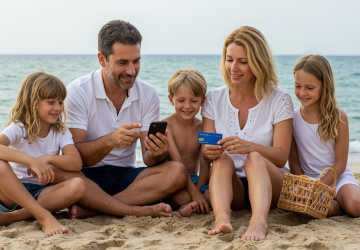 Famille composée d’un papa de 40 ans tenant un téléphone portable qu’ils regardent tous ensemble, et d’une maman de 40 ans tenant une carte bleue unique, sur une plage avec sable clair et océan en arrière-plan, prêts à effectuer un paiement en ligne, illustrant un moment moderne et complice pendant des vacances.