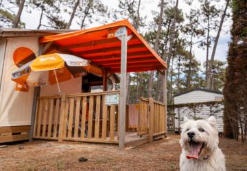 Tente RESASOL 4/5p glamping animaux admis : 21 m² cosy, 2 chambres, cuisine équipée, salle de bains, terrasse couverte.
