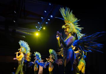 Plumes, strass et paillettes dans ce cow girls show du crazy horse french cancan pour un spectacle haut en couleur jaune et bleu avec danses et chants par une troupe professionnelle pour embellir les repas d'affaires
