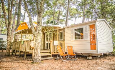 Magnifique mobil home tout confort situé sous les pins au camping Le Vieux Port dans les Landes, avec terrasse spacieuse équipée, entouré de végétation dense typique de la pinède landaise, à quelques pas de la plage, offrant un cadre paisible et naturel pour des vacances en bord de mer réussies.