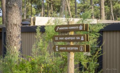 Panneau en bois de signalisation au camping Le Vieux Port dans les Landes, indiquant les différents points d’intérêts du site tels que le parc aquatique, les terrains multisports, les commerces et restaurants, situé sous les pins dans un cadre naturel en bord de mer, facilitant l’orientation des campeurs dans cet espace vaste et arboré.