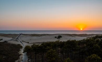 Coucher de soleil spectaculaire avec vue sur une grande dune de sable fin, baignée par les dernières lueurs du soleil. Le ciel est embrasé de couleurs chaudes allant de l’orange vif au rose tendre, se reflétant doucement sur les ondulations de la dune. Au premier plan, la texture du sable est mise en valeur par l’éclairage ras, révélant des traces de vent et des petites herbes sauvages, tandis qu’à l’horizon, le soleil disparaît lentement derrière une ligne de végétation ou de forêt, créant une atmosphère.