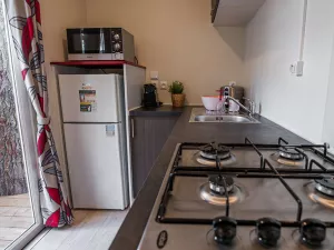 Coin cuisine Lodge Premium 2/3 personnes avec jacuzzi dans les Landes au camping Le Vieux Port