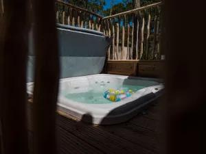 Vue ensemble Lodge Premium jacuzzi 4 personnes avec vue dune dans les Landes au camping Le Vieux Port