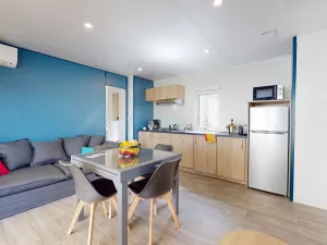 Salon du Lodge Premium 4 personnes Dune et Jacuzzi au camping 5 étoiles Le Vieux Port à Messanges dans les Landes