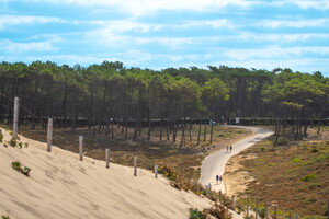 Promenade de l'accès direct à l'océan Atlantique depuis le camping 5 étoiles Le Vieux Port dans les Landes