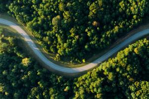 Camping dans les Landes avec un environnement exceptionnel (4) Valoriser un environnement exceptionnel et protégé avec vue drone de la forêt avec la route qui passe au milieu de l'image