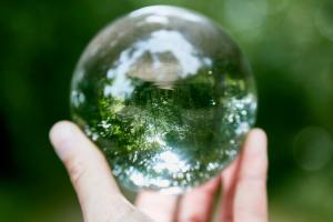 Vue à la première personne dans une boule de cristal dans la balle la nature est reflétée avec un grand arbre