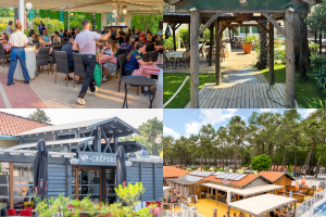 patchwork de 4 photos Brasserie Trattoria Crêperie snack lounge de la piscine pour prouver la diversité des points de restaurations disponibles dans ce village camping capable d'accueillir tout