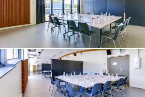 2 angles de vues de la salle de l'annexe de l'ARENA qui allie flexibilité et lumisosité pour des événements professionnels avec tables chaises et panneaux séparateurs pour plus d'intimité