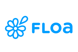 FLOA logo carré écriture et illustration bleus sur fond blanc pour le paiement en 4 fois par carte bancaire