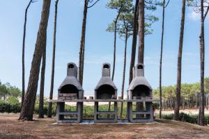 Espace barbecue collectif dans un camping, comprenant plusieurs barbecues en dur et en métal disposés autour de tables en bois, entourées de bancs. L’environnement est convivial et extérieur, avec des vacanciers se préparant à cuisiner ou à partager un repas, bénéficiant d’un cadre naturel verdoyant et d’une ambiance chaleureuse.