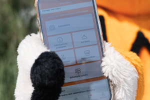 Mascotte Soly, une chouette orange, blanche et noire, tenant un téléphone mobile à son aile, affichant l'application du camping avec toutes les rubriques et informations disponibles, telles que réservations, activités, services, plan du site, contact, horaires, et actualités