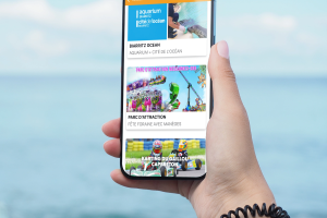 Main tenant un téléphone mobile affichant l’application RESASOL sur fond d’océan en bord de mer dans les Landes, illustrant la simplicité et la flexibilité de la réservation d’activités en quelques étapes depuis n’importe où, à tout moment.﻿
