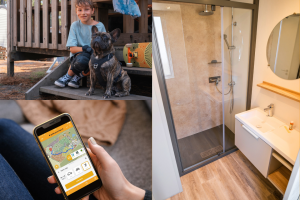 Triptyque montrant une augmentation du nombre de truffes certifiées par le label Qualidog garantissant un accueil chaleureux et des services pour les animaux dans le camping ; un guidage interactif dans tous les espaces du camping facilitant l’orientation des visiteurs ; et de nouveaux mobil-homes modernes, régulièrement renouvelés pour offrir un confort optimal aux vacanciers.﻿