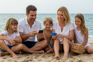 Famille composée d’un papa de 40 ans tenant un téléphone portable qu’ils regardent tous ensemble, et d’une maman de 40 ans tenant une carte bleue unique, sur une plage avec sable clair et océan en arrière-plan, prêts à effectuer un paiement en ligne, illustrant un moment moderne et complice pendant des vacances.