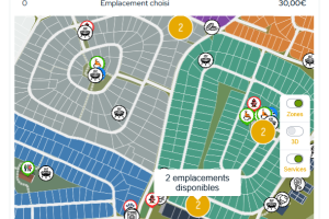 Capture d’écran réservation interactive sur plan avec sélection précise d’emplacement au camping Le Vieux Port, interface intuitive pour choisir mobil-home ou emplacement tente avec aperçu des disponibilités en temps réel, facilitant la préparation de vacances en bord de mer dans les Landes