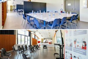 Salle événementielle L’Annexe 200 m² au camping Le Vieux Port, espace de séminaire et formation jusqu’à 100 personnes dans les Landes ; Intérieur lumineux L’Annexe camping 5 étoiles Landes, grande salle de réunion avec lumière du jour pour réunions commerciales et ateliers