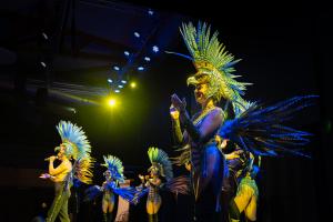 Plumes, strass et paillettes dans ce cow girls show du crazy horse french cancan pour un spectacle haut en couleur jaune et bleu avec danses et chants par une troupe professionnelle pour embellir les repas d'affaires