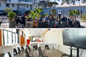 Gamme complète d’espaces de réception pour séminaires et événements d’entreprise au camping Le Vieux Port, du petit comité aux grands formats jusqu’à 1600 m², entre nature, mer et pinède dans les Landes