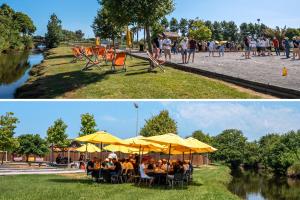 Duo de photos d’un séminaire au Vieux Port : activité pétanque au calme en haut et pique-nique glamour en extérieur sous des parasols jaunes, au bord du ruisseau et près des terrains de sport.