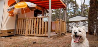 Tente RESASOL 4/5p glamping animaux admis : 21 m² cosy, 2 chambres, cuisine équipée, salle de bains, terrasse couverte.