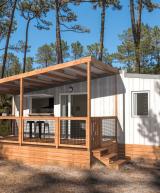 Aperçu du futur hébergement Chalet Écume au Camping Le Vieux Port à Messanges, Vue extérieure du futur Chalet Écume avec terrasse de 11 m², visuel 3D non contractuel