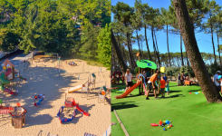 Aires de jeux du camping le vieux port avec à gauche la kids nombreuses installations et bac à sable et à droite la baby avec revêtement spécial pour les pitchouns