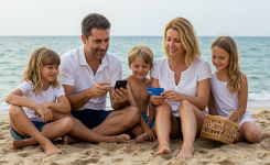Famille composée d’un papa de 40 ans tenant un téléphone portable qu’ils regardent tous ensemble, et d’une maman de 40 ans tenant une carte bleue unique, sur une plage avec sable clair et océan en arrière-plan, prêts à effectuer un paiement en ligne, illustrant un moment moderne et complice pendant des vacances.