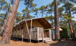 Tente Ecoluxe 4/5 personnes vue extérieure sous les pins au camping Le Vieux Port dans les Landes