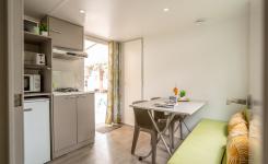 Cuisine équipée avec réfrigérateur et micro-ondes dans le mobil-home Eco