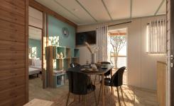 Rendu 3D du séjour du Chalet Écume 5/6 personnes, visuel non contractuel