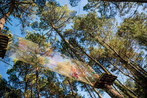 Activité d'accrobranche entre les pins de la forêt landaise proposée par le camping 5 étoiles Le Vieux Port dans les Landes